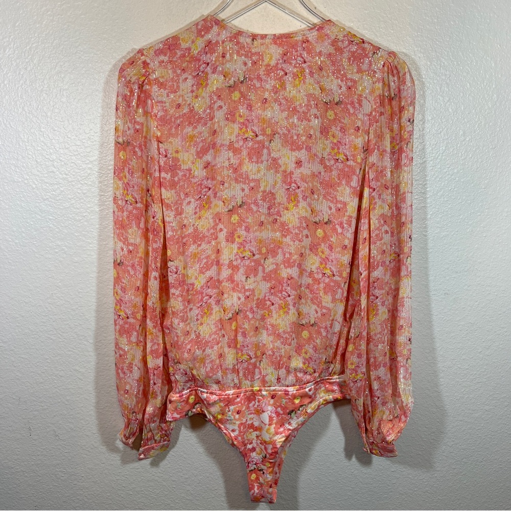 ROCOCO SAND Faye Pink Metallic Floral Wrap Bodysuit - Picture 7 of 10